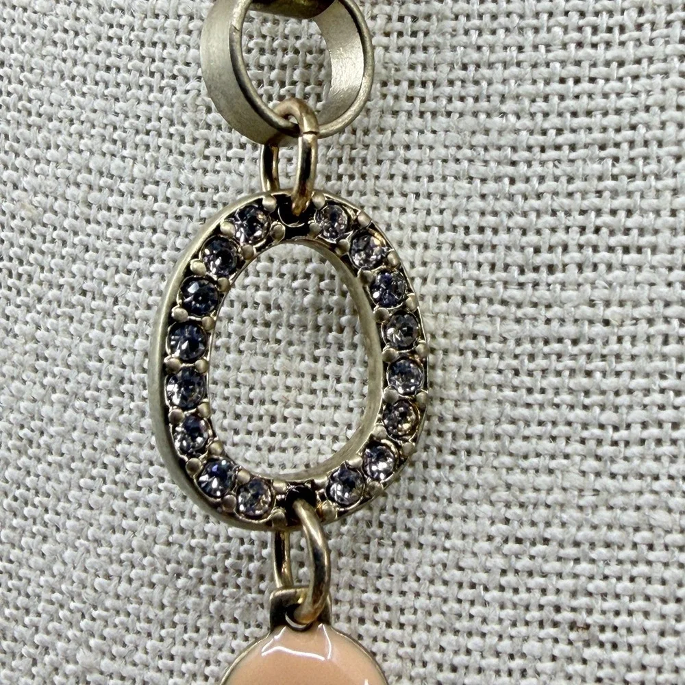 Antique Gold Tone Peach Enamel Rhinestone Long Chain Necklace Boho Statement